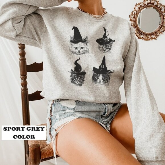 Halloween Cat Halloween Sweatshirt Halloween Crewneck Black Cat Sweater 99 - Picture 1 of 5